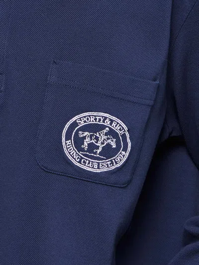 Sporty And Rich Riding Club Longsleeve Pique Polo In Dark Navy