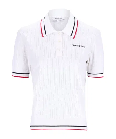 Sporty And Rich Womens White Dark Navy Ruby Serif Logo Mini Cable-knit Polo Shirt In Multi