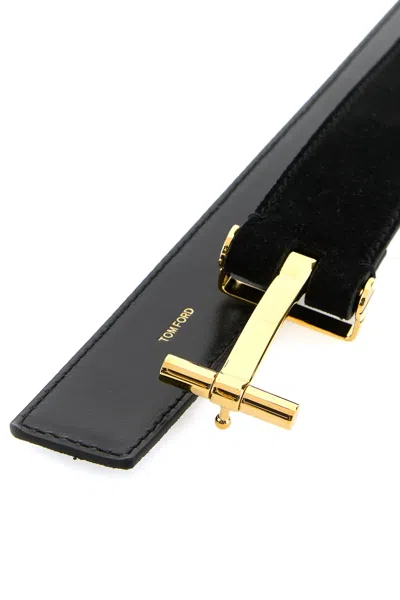 Tom Ford Suede Belt With Gold-tone Buckle And Multiple Holes In Black