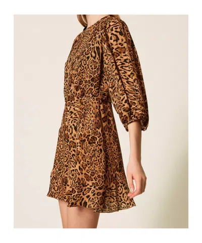 Twinset Leopard-print Puff-sleeve Mini Dress In Animal Print