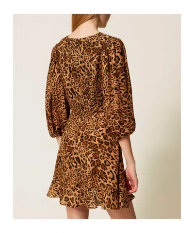 Twinset Leopard-print Puff-sleeve Mini Dress In Animal Print