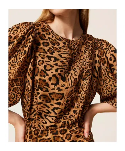 Twinset Leopard-print Puff-sleeve Mini Dress In Animal Print