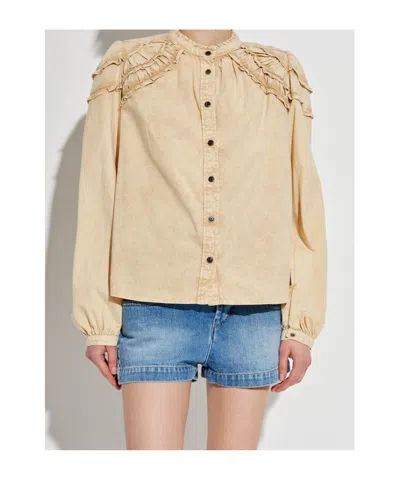 Isabel Marant Étoile Idety Ruffled Cotton-chambray Blouse In Brown