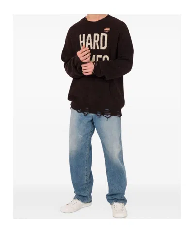 Moschino Distressed Ribbed Sweater With Cuffs And Hem In Black