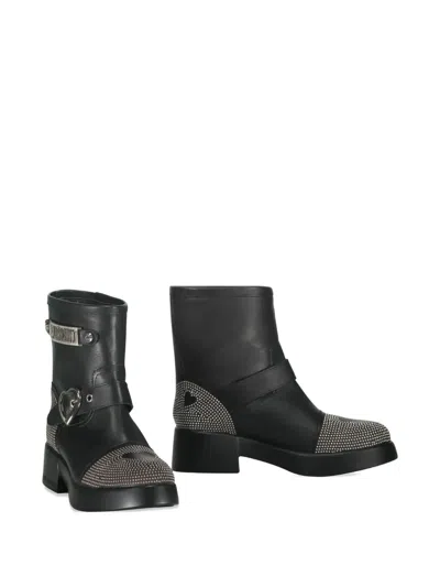 Moschino Buckle-detailed Studded Ankle Boots In Black