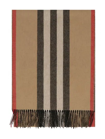 Burberry Check Motif Cashmere Scarf With Fringed Edges In Brown