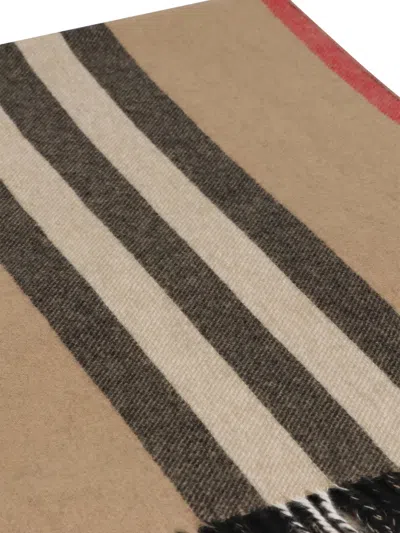 Burberry Check Motif Cashmere Scarf With Fringed Edges In Brown