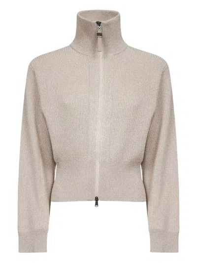 Brunello Cucinelli Beige Sparkling Knit Zip-up Cardigan In Gray