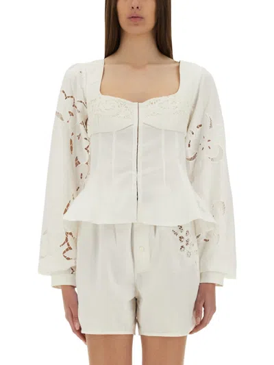 Marine Serre Fitted White Top With Square Neckline And Floral Embroidery In White