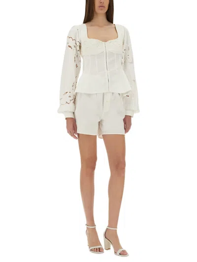 Marine Serre Fitted White Top With Square Neckline And Floral Embroidery In White