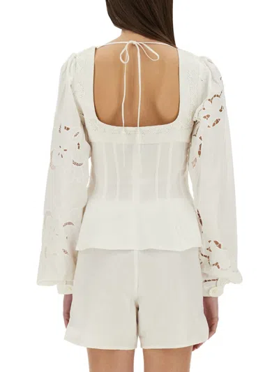 Marine Serre Fitted White Top With Square Neckline And Floral Embroidery In White