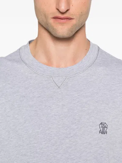 Brunello Cucinelli Embroidered Cotton T-shirt In Gray