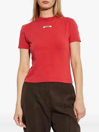 Jacquemus Crew Neck Short Sleeve Tops With Ribbed Detail In Red