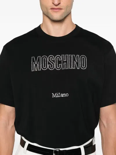 Moschino Crystal Logo Crew Neck T-shirt With Short Sleeves In Black