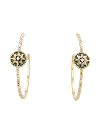Pre-owned Dior 18k Yellow Gold Rose Des Vents Malachite And Diamond Hoop Earrings