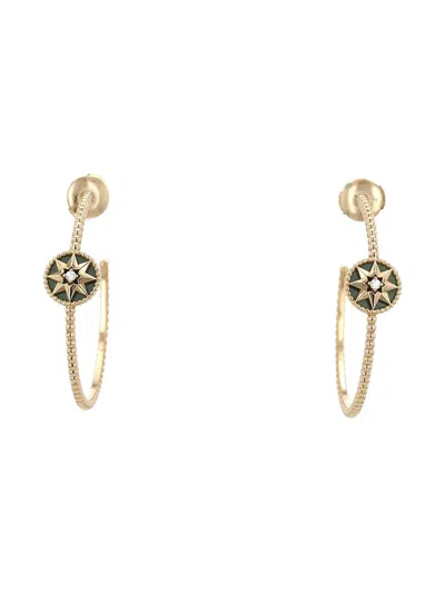 Pre-owned Dior 18k Yellow Gold Rose Des Vents Malachite And Diamond Hoop Earrings