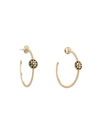 Pre-owned Dior 18k Yellow Gold Rose Des Vents Malachite And Diamond Hoop Earrings