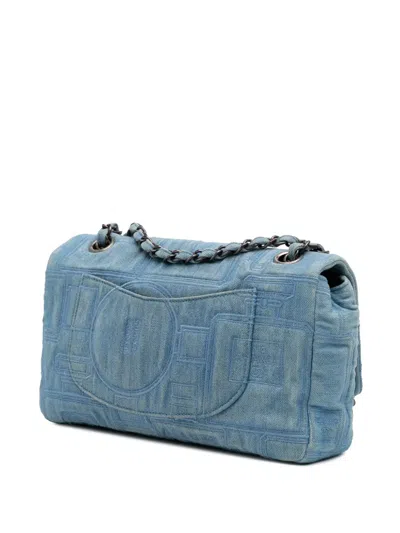 Pre-owned Chanel 2016-2017 Medium Embroidered Denim Perfume Bottle Single Flap Shoulder Bag