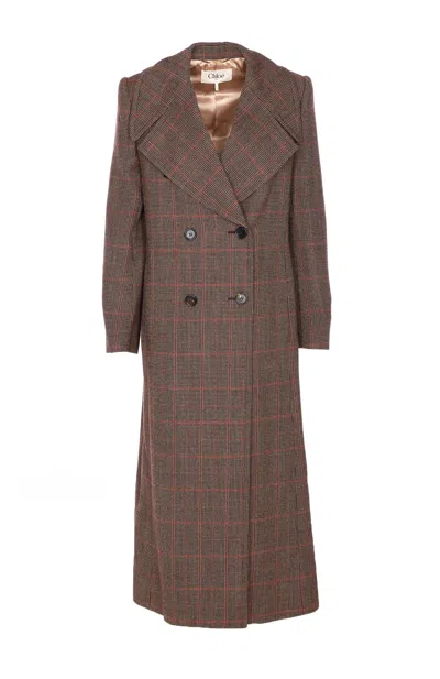 Chloé Checkered Long Length Coat With Prince Of Wales Motif In Brown