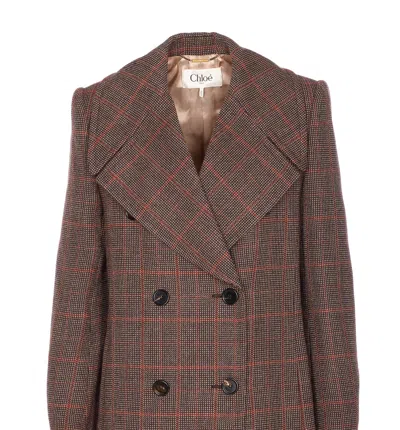 Chloé Checkered Long Length Coat With Prince Of Wales Motif In Brown