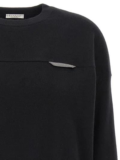 Brunello Cucinelli Cropped Sweater With Crew Neck And Decorative Detail In Black
