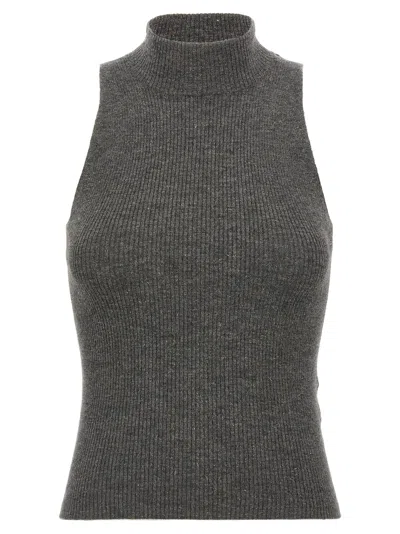 Brunello Cucinelli Sleeveless High Neckline Ribbed Top In Gray