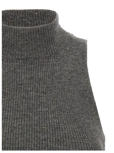 Brunello Cucinelli Sleeveless High Neckline Ribbed Top In Gray