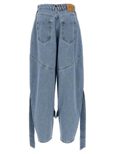 Attico Blue Jeans With Maxi Drawstring On The Front And Logo Patch On The Rear In Denim Woman In Blue