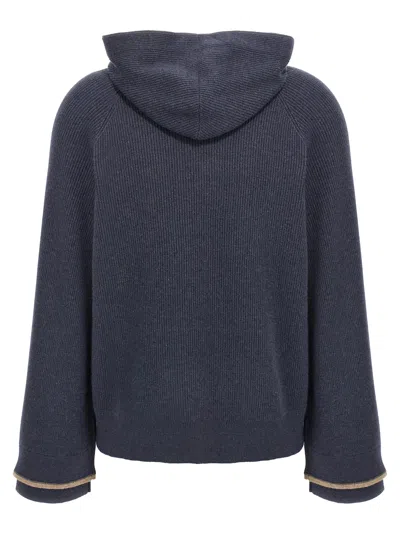 Brunello Cucinelli Ribbed Texture Hooded Sweater With Long Sleeves In Blue