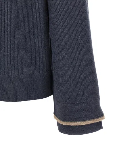 Brunello Cucinelli Ribbed Texture Hooded Sweater With Long Sleeves In Blue