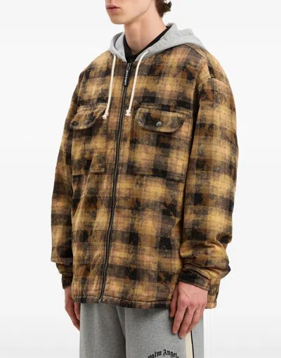 Palm Angels Curved Logo Check Overshirt Jacket In Brown