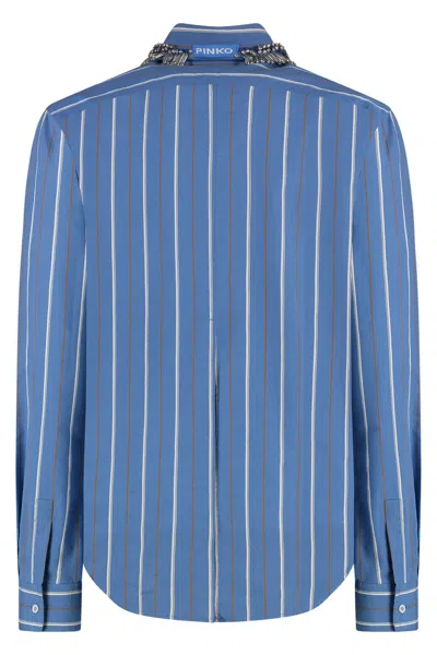 Pinko Striped Shirt With Embroidered Collar And Long Sleeves In Blue