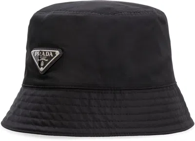 Prada Logo-embellished Shell Bucket Hat In Black