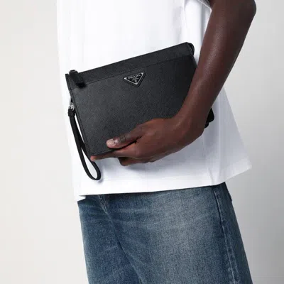 Prada Mens Black Logo-plaque Saffiano-leather Pouch In Black