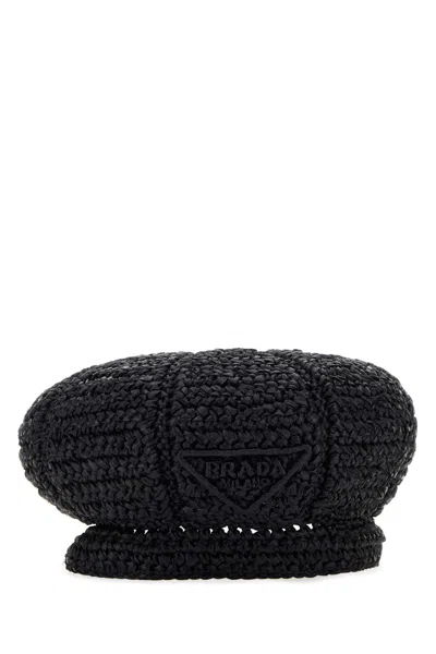Prada Woman Black Rafia Baker Boy Hat In Black