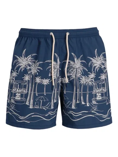 Mc2 Saint Barth Palm-tree Embroidered Swim Shorts In Blue