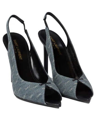Saint Laurent 105 Logo Jacquard Denim Slingback Sandals In Blue