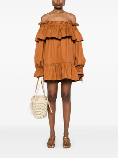 Saint Laurent Ruffled Mini Dress In Brown