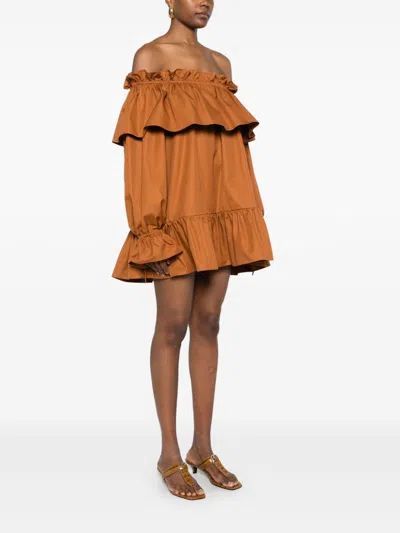 Saint Laurent Ruffled Mini Dress In Brown