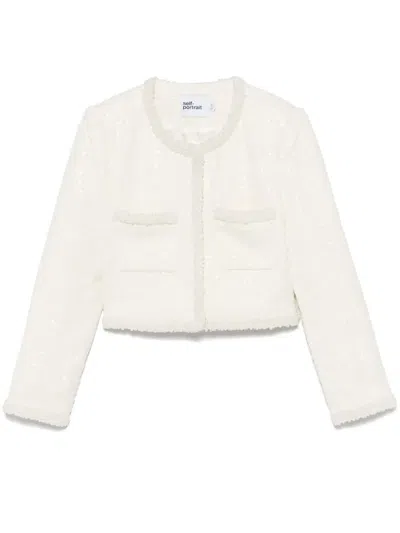 Self-portrait White Crewneck Jacket With Sequin And Faux-pearls Embellishments In Tech Fabric Woman In White