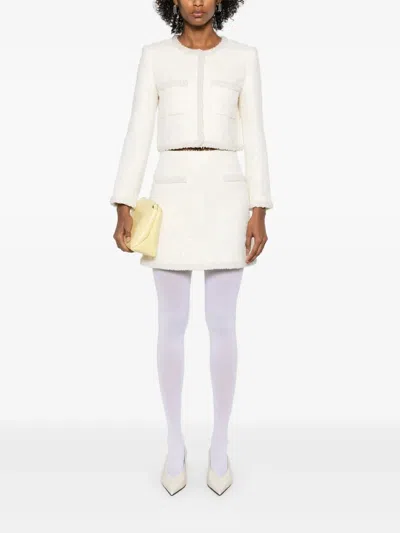 Self-portrait White Crewneck Jacket With Sequin And Faux-pearls Embellishments In Tech Fabric Woman In White