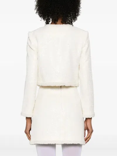 Self-portrait White Crewneck Jacket With Sequin And Faux-pearls Embellishments In Tech Fabric Woman In White