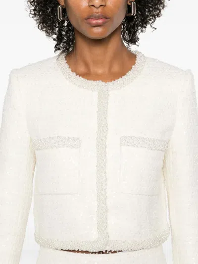 Self-portrait White Crewneck Jacket With Sequin And Faux-pearls Embellishments In Tech Fabric Woman In White