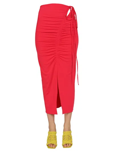 Self-portrait Gathered High Waist Midi Skirt In Fuchsia Pink Polyester In Red