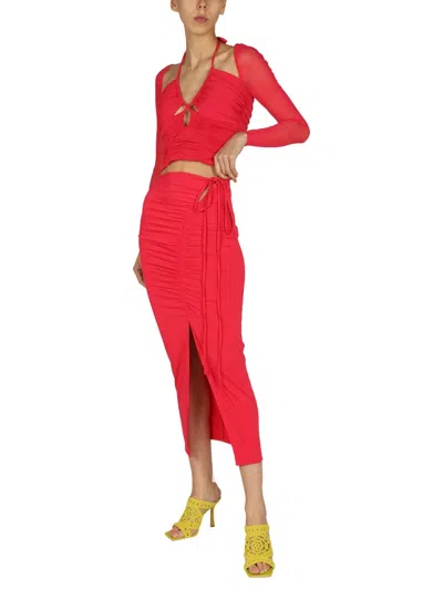 Self-portrait Gathered High Waist Midi Skirt In Fuchsia Pink Polyester In Red