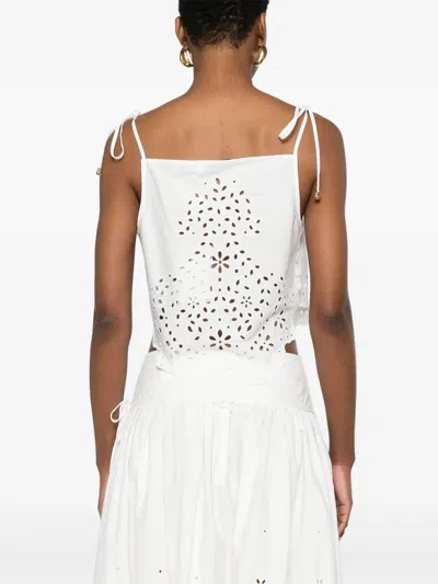 Self-portrait White Top With Asymmetric Hem And All-over Embroidery In Cotton Woman