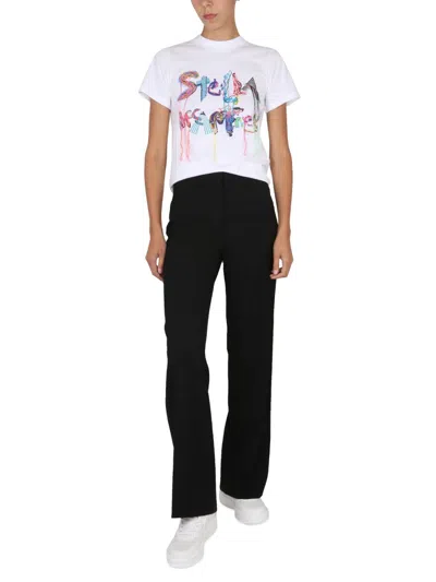 Stella Mccartney Logo Print High Waist Wide Leg Trousers In Black