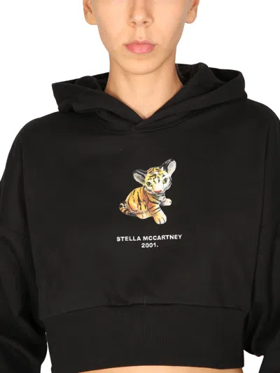 Stella Mccartney Cropped Tiger Graphic Hooded Sweatshirt In Black