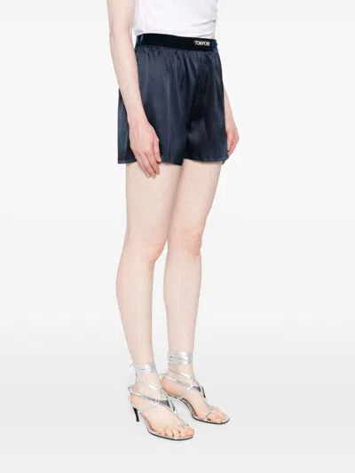 Tom Ford Silk Shorts With Elasticated Waistband And Satin Finish In Blue