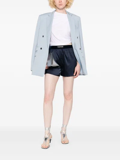 Tom Ford Silk Shorts With Elasticated Waistband And Satin Finish In Blue